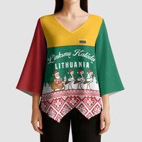 Lithuania Christmas Kimono Sleeve Blouse with Santa Sleigh Pulled by Storks and Folk Pattern Design - Wonder Print Shop
