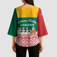 Lithuania Christmas Kimono Sleeve Blouse with Santa Sleigh Pulled by Storks and Folk Pattern Design - Wonder Print Shop
