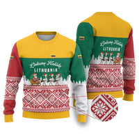 Lithuania Christmas Ugly Christmas Sweater with Santa Sleigh Pulled by Storks and Folk Pattern Design - Wonder Print Shop