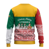 Lithuania Christmas Ugly Christmas Sweater with Santa Sleigh Pulled by Storks and Folk Pattern Design - Wonder Print Shop