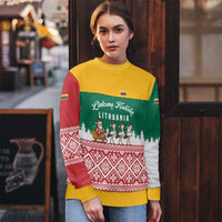 Lithuania Christmas Ugly Christmas Sweater with Santa Sleigh Pulled by Storks and Folk Pattern Design - Wonder Print Shop
