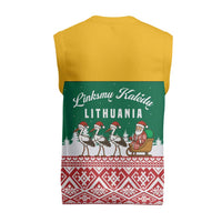 Lithuania Christmas Knitted V-Neck Vest with Santa Sleigh Pulled by Storks and Folk Pattern Design - Wonder Print Shop