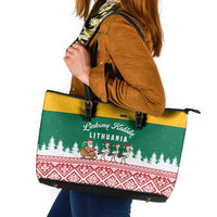 Lithuania Christmas Leather Tote Bag with Santa Sleigh Pulled by Storks and Folk Pattern Design - Wonder Print Shop