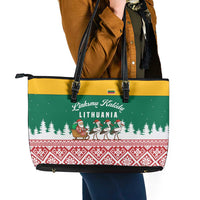 Lithuania Christmas Leather Tote Bag with Santa Sleigh Pulled by Storks and Folk Pattern Design - Wonder Print Shop