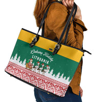 Lithuania Christmas Leather Tote Bag with Santa Sleigh Pulled by Storks and Folk Pattern Design - Wonder Print Shop