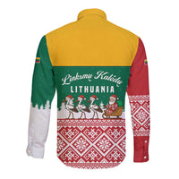 Lithuania Christmas Long Sleeve Button Shirt with Santa Sleigh Pulled by Storks and Folk Pattern Design - Wonder Print Shop