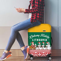 Lithuania Christmas Luggage Cover with Santa Sleigh Pulled by Storks and Folk Pattern Design - Wonder Print Shop