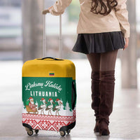Lithuania Christmas Luggage Cover with Santa Sleigh Pulled by Storks and Folk Pattern Design - Wonder Print Shop
