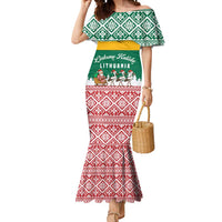 Lithuania Christmas Mermaid Dress with Santa Sleigh Pulled by Storks and Folk Pattern Design - Wonder Print Shop