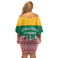 Lithuania Christmas Off Shoulder Short Dress with Santa Sleigh Pulled by Storks and Folk Pattern Design - Wonder Print Shop
