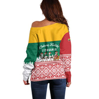 Lithuania Christmas Off Shoulder Sweater with Santa Sleigh Pulled by Storks and Folk Pattern Design - Wonder Print Shop