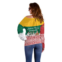 Lithuania Christmas Off Shoulder Sweater with Santa Sleigh Pulled by Storks and Folk Pattern Design - Wonder Print Shop