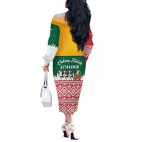 Lithuania Christmas Off The Shoulder Long Sleeve Dress with Santa Sleigh Pulled by Storks and Folk Pattern Design - Wonder Print Shop