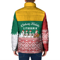 Lithuania Christmas Padded Jacket with Santa Sleigh Pulled by Storks and Folk Pattern Design - Wonder Print Shop