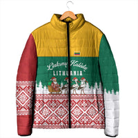 Lithuania Christmas Padded Jacket with Santa Sleigh Pulled by Storks and Folk Pattern Design - Wonder Print Shop