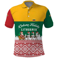 Lithuania Christmas Polo Shirt with Santa Sleigh Pulled by Storks and Folk Pattern Design - Wonder Print Shop