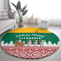 Lithuania Christmas Round Carpet with Santa Sleigh Pulled by Storks and Folk Pattern Design - Wonder Print Shop