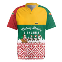 Lithuania Christmas Rugby Jersey with Santa Sleigh Pulled by Storks and Folk Pattern Design - Wonder Print Shop