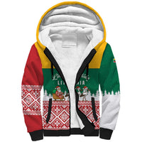 Lithuania Christmas Sherpa Hoodie with Santa Sleigh Pulled by Storks and Folk Pattern Design - Wonder Print Shop
