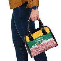 Lithuania Christmas Shoulder Handbag with Santa Sleigh Pulled by Storks and Folk Pattern Design - Wonder Print Shop