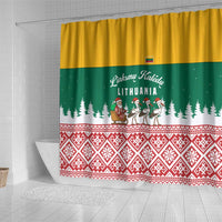 Lithuania Christmas Shower Curtain with Santa Sleigh Pulled by Storks and Folk Pattern Design - Wonder Print Shop