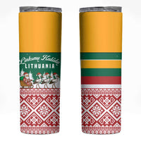 Lithuania Christmas Skinny Tumbler with Santa Sleigh Pulled by Storks and Folk Pattern Design - Wonder Print Shop