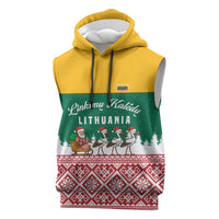 Lithuania Christmas Sleeveless Hoodie with Santa Sleigh Pulled by Storks and Folk Pattern Design - Wonder Print Shop