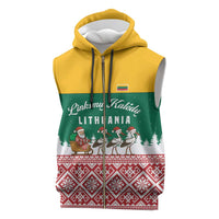 Lithuania Christmas Sleeveless Zip Hoodie with Santa Sleigh Pulled by Storks and Folk Pattern Design - Wonder Print Shop