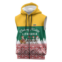 Lithuania Christmas Sleeveless Zip Hoodie with Santa Sleigh Pulled by Storks and Folk Pattern Design - Wonder Print Shop