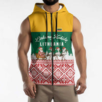 Lithuania Christmas Sleeveless Zip Hoodie with Santa Sleigh Pulled by Storks and Folk Pattern Design - Wonder Print Shop