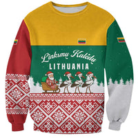 Lithuania Christmas Sweatshirt with Santa Sleigh Pulled by Storks and Folk Pattern Design - Wonder Print Shop