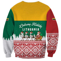 Lithuania Christmas Sweatshirt with Santa Sleigh Pulled by Storks and Folk Pattern Design - Wonder Print Shop