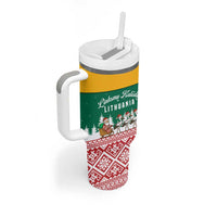 Lithuania Christmas Tumbler With Handle with Santa Sleigh Pulled by Storks and Folk Pattern Design - Wonder Print Shop