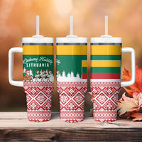 Lithuania Christmas Tumbler With Handle with Santa Sleigh Pulled by Storks and Folk Pattern Design - Wonder Print Shop