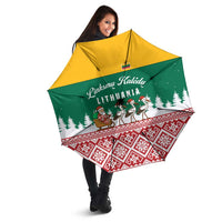 Lithuania Christmas Umbrella with Santa Sleigh Pulled by Storks and Folk Pattern Design - Wonder Print Shop