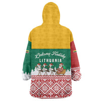Lithuania Christmas Wearable Blanket Hoodie with Santa Sleigh Pulled by Storks and Folk Pattern Design - Wonder Print Shop