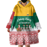 Lithuania Christmas Wearable Blanket Hoodie with Santa Sleigh Pulled by Storks and Folk Pattern Design - Wonder Print Shop