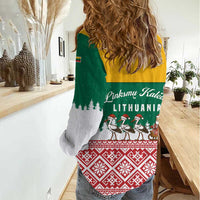 Lithuania Christmas Women Casual Shirt with Santa Sleigh Pulled by Storks and Folk Pattern Design - Wonder Print Shop