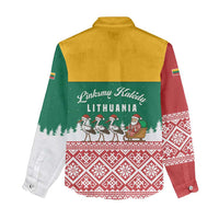 Lithuania Christmas Women Casual Shirt with Santa Sleigh Pulled by Storks and Folk Pattern Design - Wonder Print Shop
