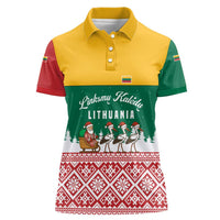 Lithuania Christmas Women Polo Shirt with Santa Sleigh Pulled by Storks and Folk Pattern Design - Wonder Print Shop