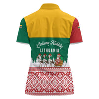 Lithuania Christmas Women Polo Shirt with Santa Sleigh Pulled by Storks and Folk Pattern Design - Wonder Print Shop