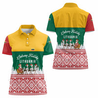 Lithuania Christmas Women Polo Shirt with Santa Sleigh Pulled by Storks and Folk Pattern Design - Wonder Print Shop