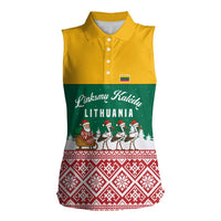 Lithuania Christmas Women Sleeveless Polo Shirt with Santa Sleigh Pulled by Storks and Folk Pattern Design - Wonder Print Shop