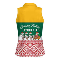 Lithuania Christmas Women Sleeveless Polo Shirt with Santa Sleigh Pulled by Storks and Folk Pattern Design - Wonder Print Shop