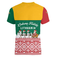Lithuania Christmas Women V-Neck T-Shirt with Santa Sleigh Pulled by Storks and Folk Pattern Design - Wonder Print Shop