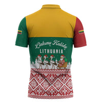 Lithuania Christmas Zipper Polo Shirt with Santa Sleigh Pulled by Storks and Folk Pattern Design - Wonder Print Shop