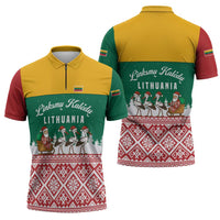 Lithuania Christmas Zipper Polo Shirt with Santa Sleigh Pulled by Storks and Folk Pattern Design - Wonder Print Shop