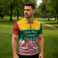 Lithuania Christmas Zipper Polo Shirt with Santa Sleigh Pulled by Storks and Folk Pattern Design - Wonder Print Shop