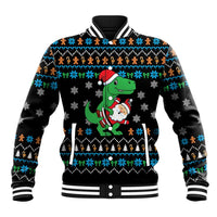 Funny Santa Riding Dinosaur Christmas Baseball Jacket Gingerbread Snowflake Pattern - Wonder Print Shop