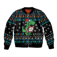Funny Santa Riding Dinosaur Christmas Bomber Jacket Gingerbread Snowflake Pattern - Wonder Print Shop